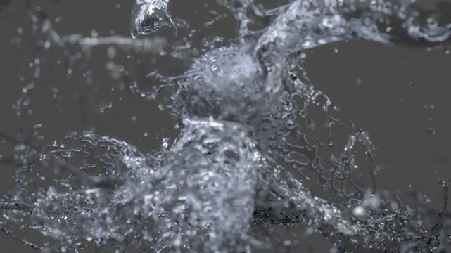 3D animation of a water splash on black background with alpha layer