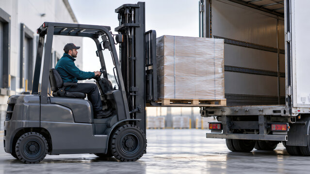 Forklift operator carrying wrapped pallet into open cargo trailer at warehouse