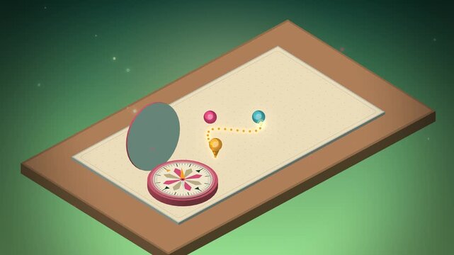 Isometric compass with an open lid and a glowing pin route on a map