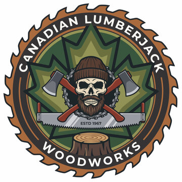 The Canadian Lumberjack Woodworks emblem features a skull cap with crossed axes and a vibrant maple leaf, embodying rugged craftsmanship and outdoor spirit.