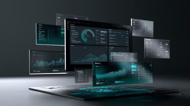 SaaS Analytics Platform With Floating Business Dashboards, Data Charts And Performance Metrics Above a Digital Workspace, Modern Software Interface With Interactive Visualization Panels And Reports