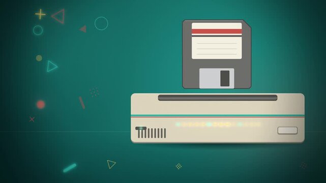 Retro beige floppy disk drive loading a disk on teal seamless loop