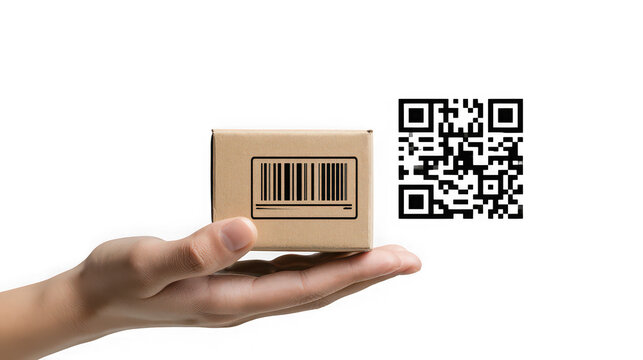 Hand holding small parcel with QR code for digital payment delivery