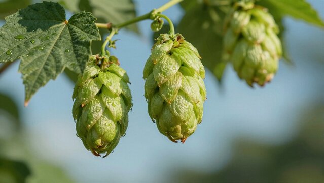 Close-up of dew-covered green hop cones growing on a plant against soft blue sky background.