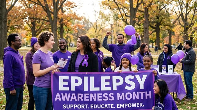 Diverse group of people holding an epilepsy awareness month banner in a park during autumn perfect for epilepsy awareness month