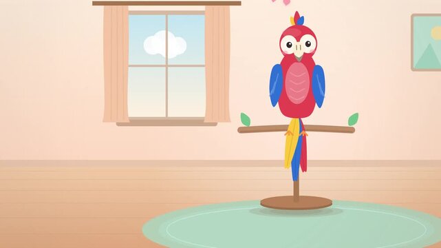 Red parrot on wooden perch stand in peach room by window
