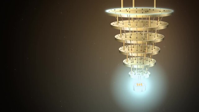 Golden quantum computer chandelier with cold blue glow and copy space