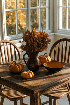 Rustic Autumn Dining Table with Pumpkins and Dried Leaves in Warm Sunlight