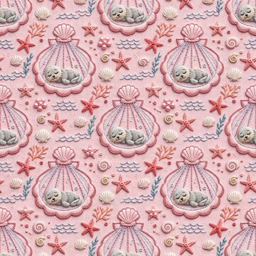 Cute baby seal sleeping in seashell cradle faux embroidery seamless pattern with starfish pearl and coral