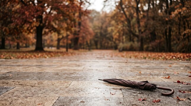 Lonely dark brown umbrella abandoned on a wet stone path in autumn park