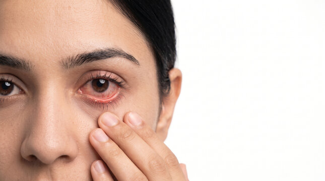 young indian woman touching irritated eyelid margin with mild blepharitis inflammation for ophthalmology medical healthcare advertising banner