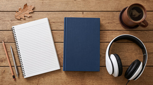 a notepad with a pencil and pen lies next to a blue book white headphones and a cup of hot coffee on a wooden table top view