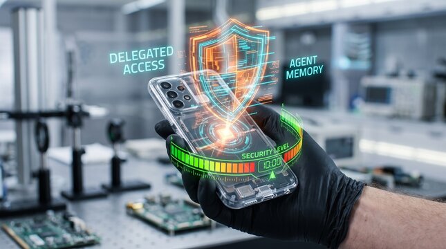 Technician Hand Holding Transparent Smartphone With Holographic Shield And Data Classification Gauge In Modern