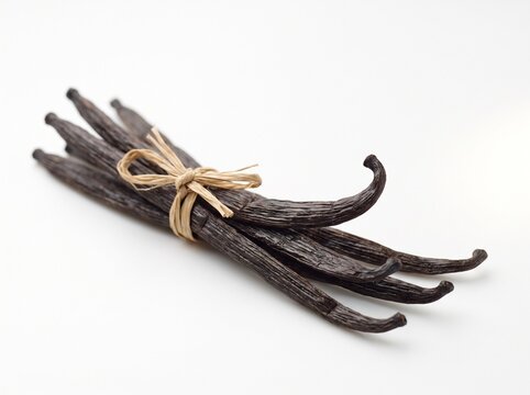 Bundle of dried vanilla pods tied with raffia bow on white background