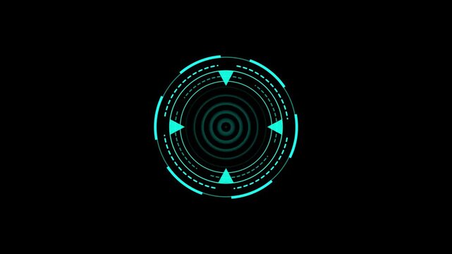 Futuristic HUD circle interfaces digital display screen with radio wave looped button animation and alpha channel. Animated of UHD circle and four triangle HUD futuristic elements with radio wave.