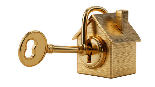 Golden key inserted into miniature house-shaped lock for real estate