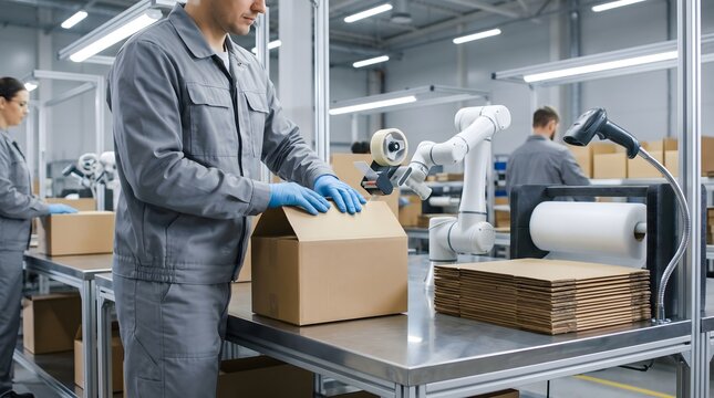 Warehouse workers packing cardboard boxes with collaborative robot arm taping boxes, modern automated packaging station, human-robot collaboration in logistics and e-commerce fulfillment