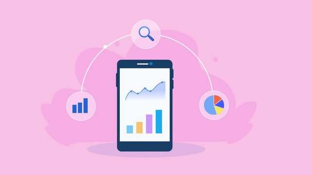 Flat vector animation showing a smartphone analytics dashboard with charts connected to search and data visualization icons for mobile business intelligence.