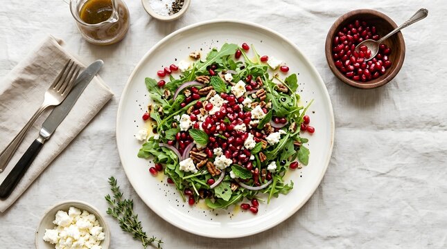 Fresh pomegranate salad with arugula and feta cheese on a rustic linen tablecloth perfect for national pomegranate month 