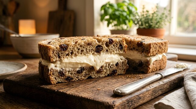 Raisin bread sandwich with cream cheese filling on a rustic wooden cutting board in a kitchen perfect for national raisin bread month