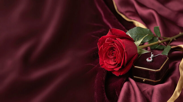 A fresh blooming red rose lies next to an elegant jewelry box with a gemstone necklace on soft burgundy velvet backdrop