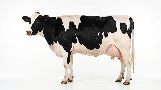 Dairy cow standing against a white studio background side view