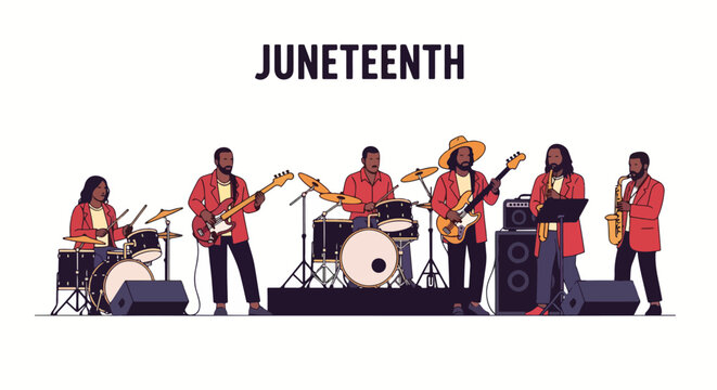 Juneteenth celebration illustration featuring a jazz band with musicians playing instruments on a stage for a joyful holiday event commemoration
