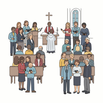 Illustration of a diverse group of people attending a church service with a priest leading the ceremony in a traditional religious chapel setting