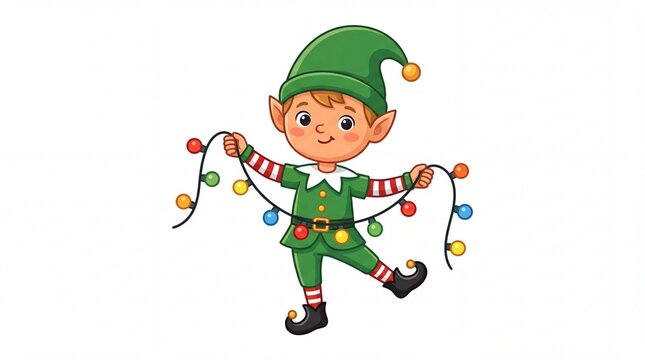 Cute christmas elf character holding colorful fairy lights illustration isolated on white background