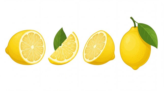 Bright yellow fresh lemons set with whole fruit and slices on white background