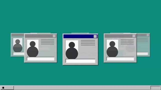Retro computer system user profile windows on teal background