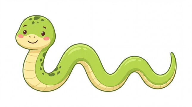 Cute cartoon green snake smiling with friendly eyes isolated on white background