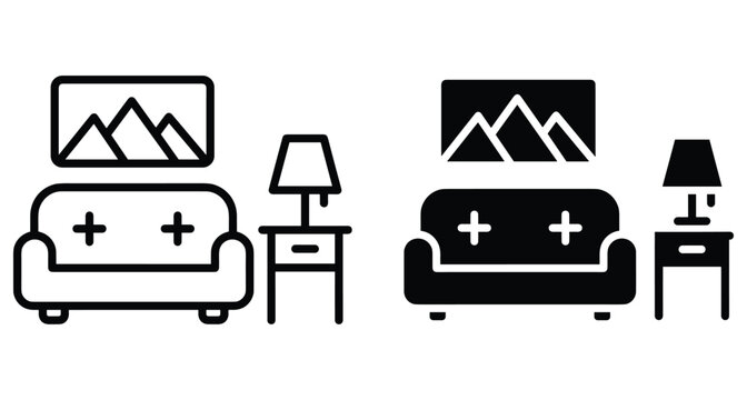 Living room interior icon set featuring comfortable sofa couch side table with lamp and mountain wall art painting decoration