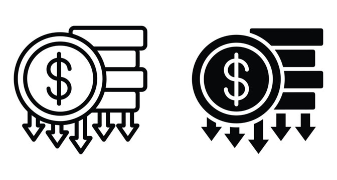 Dollar coin stack with downward arrows representing financial loss economic recession price drop bankruptcy cost reduction and money value decrease