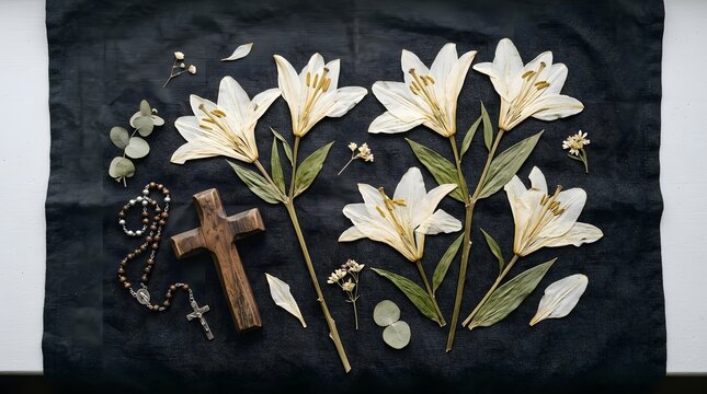All saints day composition with dried white lilies and a wooden cross on a dark linen background perfect for all saints day