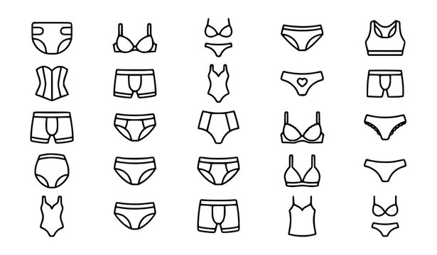 Underwear and Swimwear Outline Icons Set with Bra, Bikini, Diaper and Corset