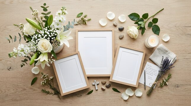 All souls day memorial frames with white flowers and a cross on a wooden table with copy space perfect for all souls day