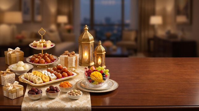 Traditional festive table setup with sweets lanterns and dates for iftar