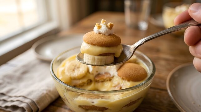 Banana pudding dessert served in a glass bowl with a spoon held by hand on a rustic wooden table perfect for banana pudding lovers month