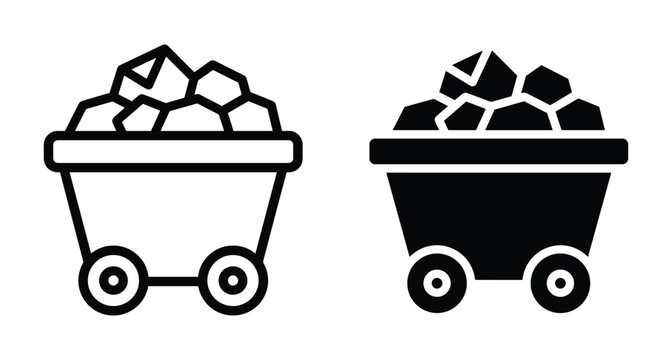 Mine cart icon set featuring outline and solid glyph styles representing coal mining industrial equipment mineral extraction trolley and heavy resource transportation tools