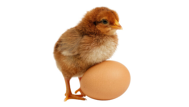 Fluffy brown chick perched on a smooth brown egg, isolated on transparent background