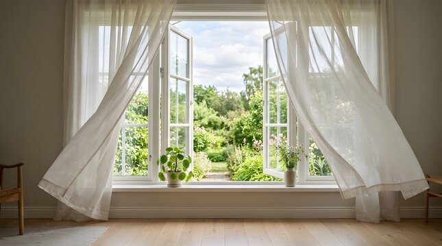 Open window with blowing curtains showing a lush green garden for fresh air and wellness concepts perfect for copd awareness month