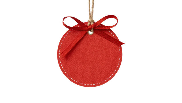 Round red textured gift tag with white stitching and red ribbon bow, isolated on transparent background
