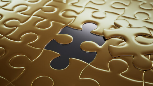 Close up of Gold and Silver Jigsaw Puzzle Backdrop focusing on the last piece to go into place. Resolution Concept.