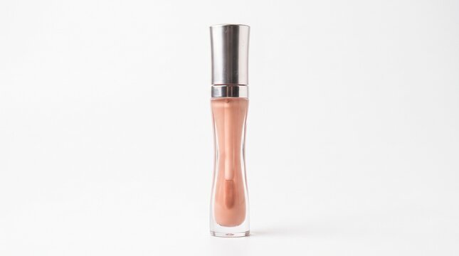 Peach liquid lip gloss in clear tube, elegant cosmetic packaging with metallic silver lid, minimalist makeup product for beauty branding