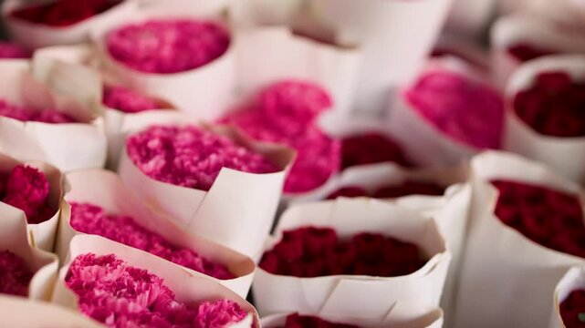 Fresh Bouquets of Wrapped Carnations in Bangkok Flower Market