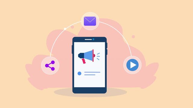 Flat vector animation showing a smartphone with a digital marketing interface connected to email, sharing, and play icons for mobile marketing and content promotion.