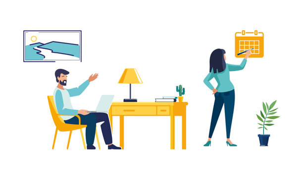 Business office Businessman with laptop and girl worker on calendar analyze financial market, businesswoman, business, people. Investor money, investment growth finance Flat design Vector illustration