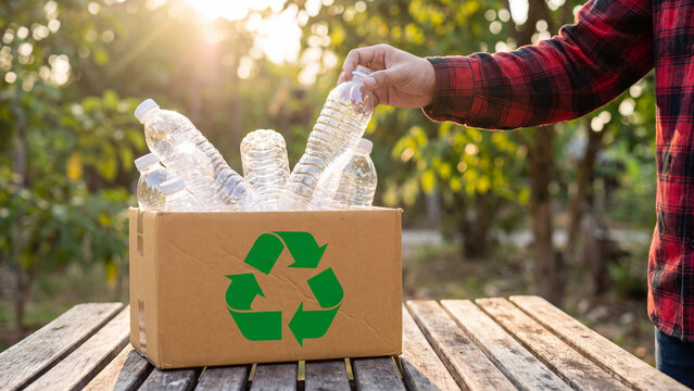 Dedicated person placing used plastic bottles into a cardboard recycle bin outdoors