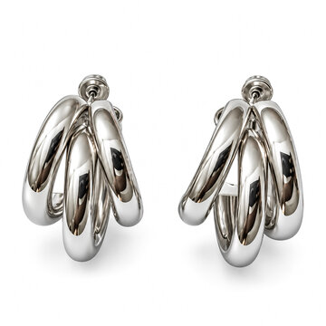 Silver hoop earrings with triple loop design isolated on white